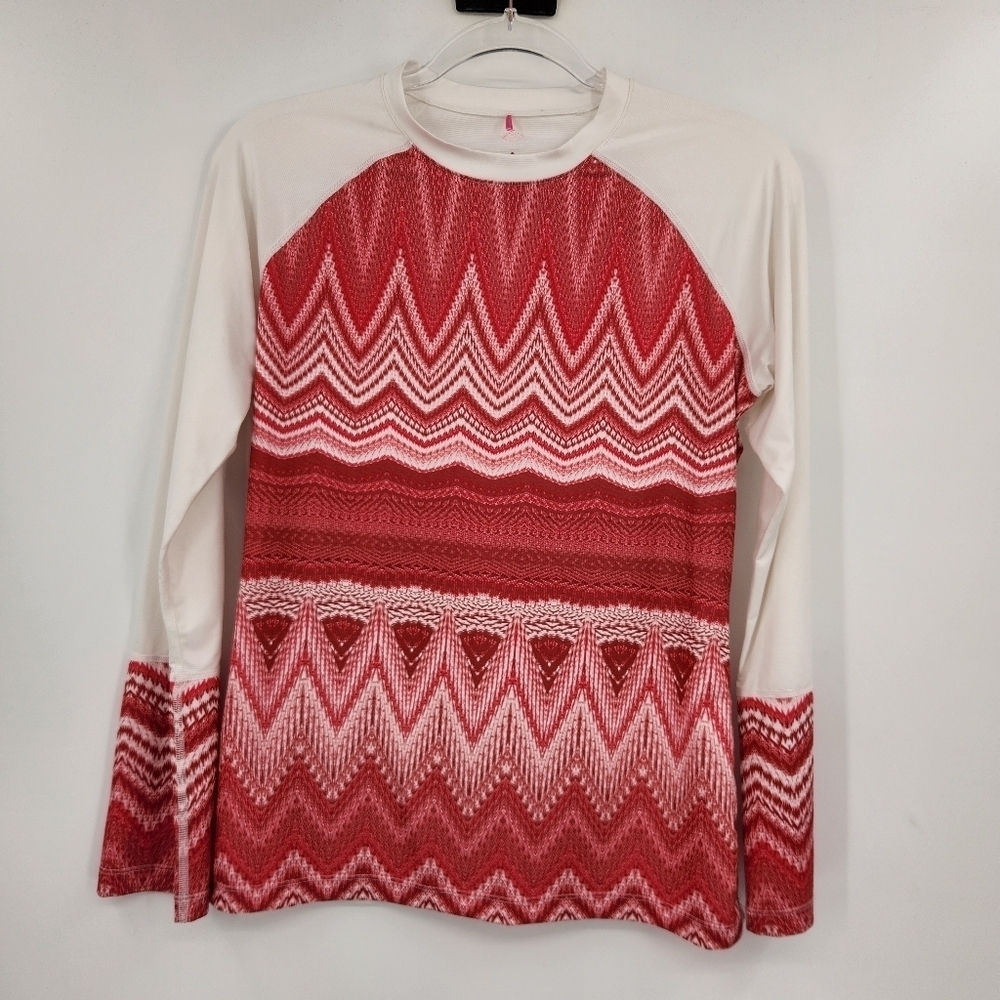 Prana Womens Rory Rashguard Size Small White Red Long Sleeve Swim Top